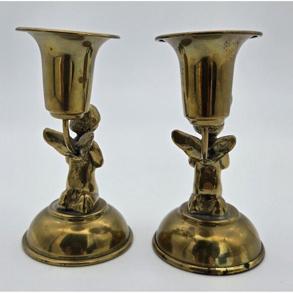 Vintage Brass Angel Candlestick Holders Praying Winged Figures Religious Decor - Picture 3 of 7